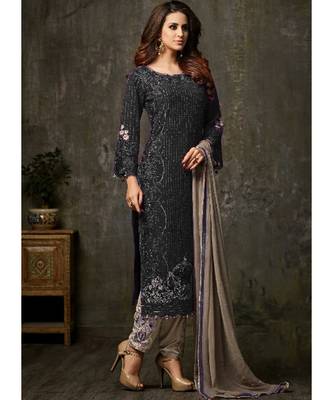 black georgette unstitched embroidered top and bottom with dupatta 1