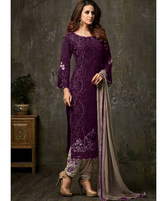 purple georgette unstitched embroidered top and bottom with dupatta 1