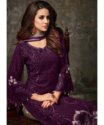 purple georgette unstitched embroidered top and bottom with dupatta 2