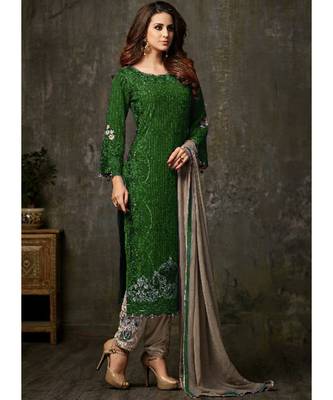 green georgette unstitched embroidered top and bottom with dupatta 1