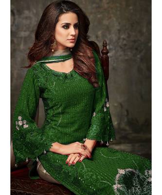 green georgette unstitched embroidered top and bottom with dupatta 2