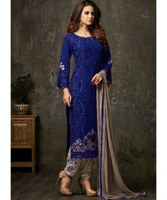 royal-blue georgette unstitched embroidered top and bottom with dupatta 1