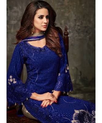 royal-blue georgette unstitched embroidered top and bottom with dupatta 2