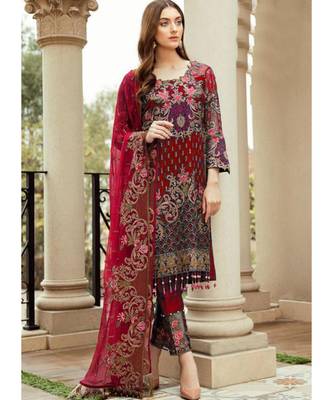 red georgette unstitched embroidered top and bottom with dupatta 1