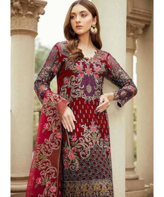 red georgette unstitched embroidered top and bottom with dupatta 2