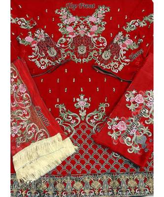 red georgette unstitched embroidered top and bottom with dupatta 3