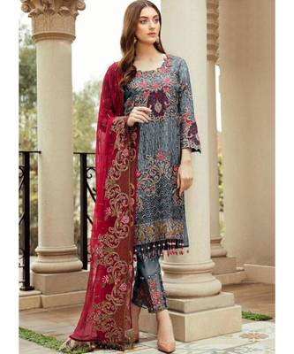 grey georgette unstitched embroidered top and bottom with dupatta 1