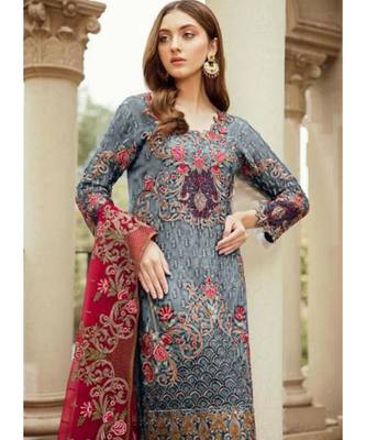 grey georgette unstitched embroidered top and bottom with dupatta 2