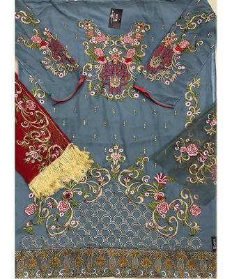 grey georgette unstitched embroidered top and bottom with dupatta 3