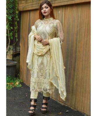 dark-cream net unstitched embroidered top and bottom with dupatta 1