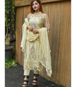 dark-cream net unstitched embroidered top and bottom with dupatta