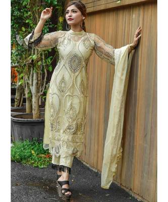 dark-cream net unstitched embroidered top and bottom with dupatta 2
