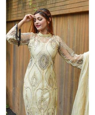 dark-cream net unstitched embroidered top and bottom with dupatta 3