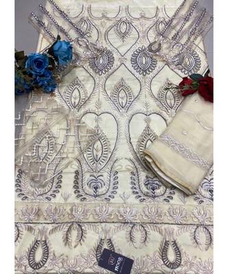 dark-cream net unstitched embroidered top and bottom with dupatta 4
