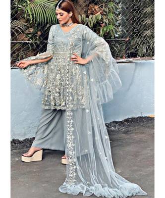 grey net unstitched embroidered top and bottom with dupatta 1