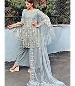 grey net unstitched embroidered top and bottom with dupatta