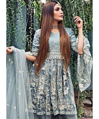 grey net unstitched embroidered top and bottom with dupatta 2