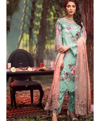 sky-blue net unstitched embroidered top and bottom with dupatta 1