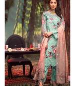 sky-blue net unstitched embroidered top and bottom with dupatta