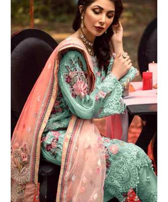 sky-blue net unstitched embroidered top and bottom with dupatta 2