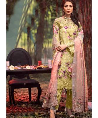 lime net unstitched embroidered top and bottom with dupatta 1