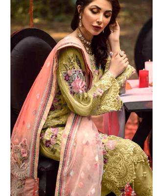 lime net unstitched embroidered top and bottom with dupatta 2