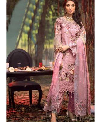 baby-pink net unstitched embroidered top and bottom with dupatta 1
