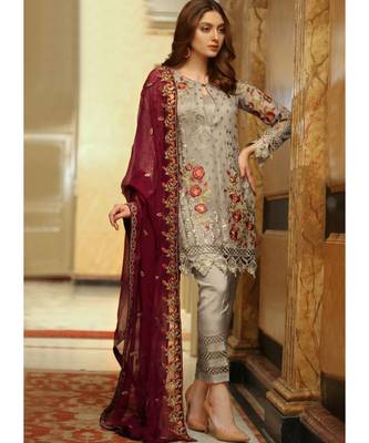 beige georgette unstitched embroidered top and bottom with dupatta 1