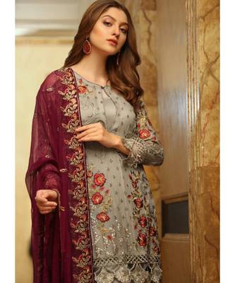 beige georgette unstitched embroidered top and bottom with dupatta 2