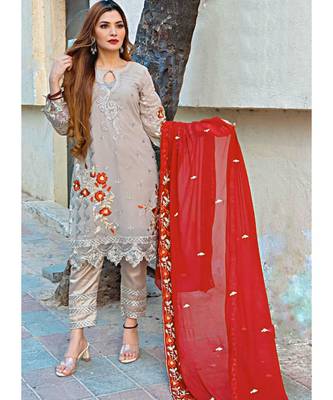 beige georgette unstitched embroidered top and bottom with dupatta 3