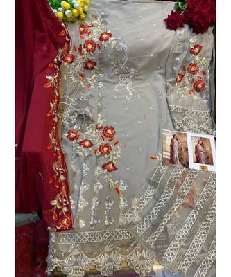 beige georgette unstitched embroidered top and bottom with dupatta 4