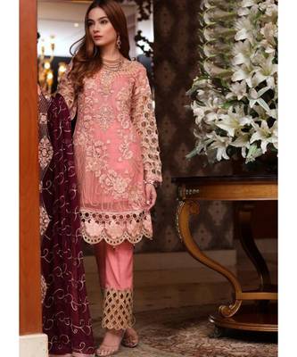 baby-pink georgette unstitched embroidered top and bottom with dupatta 1