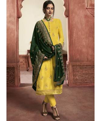 yellow jacquard unstitched embroidered top and bottom with dupatta 1
