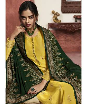 yellow jacquard unstitched embroidered top and bottom with dupatta 2