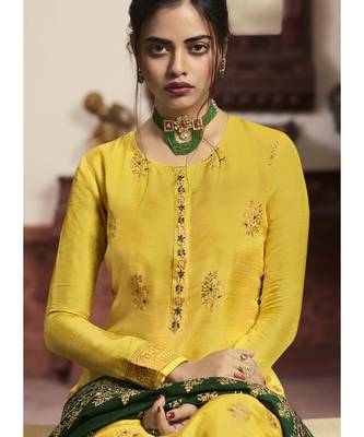 yellow jacquard unstitched embroidered top and bottom with dupatta 3