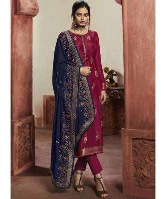 dark-rani-pink jacquard unstitched embroidered top and bottom with dupatta 1