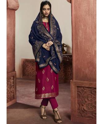 dark-rani-pink jacquard unstitched embroidered top and bottom with dupatta 2