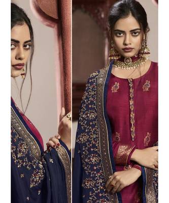 dark-rani-pink jacquard unstitched embroidered top and bottom with dupatta 4