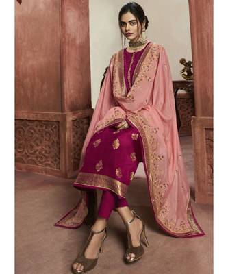 dark-rani-pink jacquard unstitched embroidered top and bottom with dupatta 2