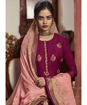 dark-rani-pink jacquard unstitched embroidered top and bottom with dupatta 3