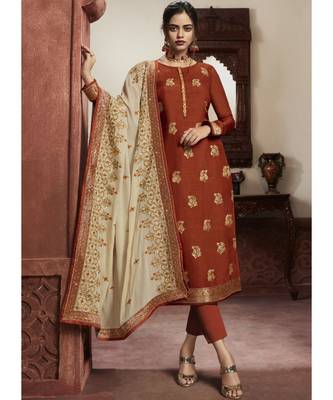 dark-orange jacquard unstitched embroidered top and bottom with dupatta 1