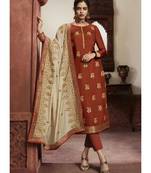 dark-orange jacquard unstitched embroidered top and bottom with dupatta