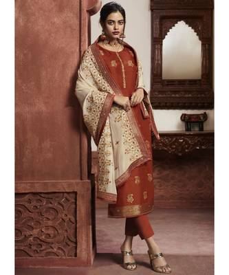 dark-orange jacquard unstitched embroidered top and bottom with dupatta 2