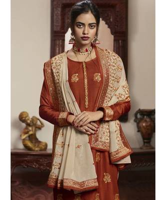 dark-orange jacquard unstitched embroidered top and bottom with dupatta 3