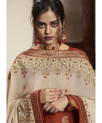 dark-orange jacquard unstitched embroidered top and bottom with dupatta 4