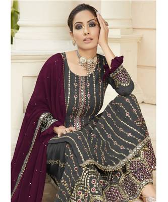 dark-grey georgette unstitched mirror top and bottom with dupatta 2