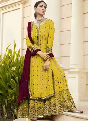 mustard georgette unstitched mirror top and bottom with dupatta 1