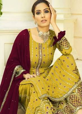 mustard georgette unstitched mirror top and bottom with dupatta 2