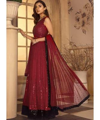red georgette unstitched sequins top and bottom with dupatta 2