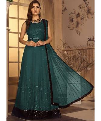 dark-teal georgette unstitched sequins top and bottom with dupatta 1